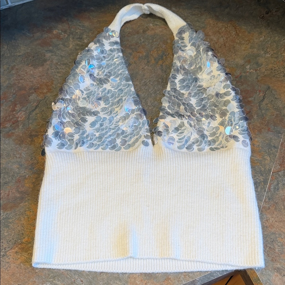 12th Tribe White and Silver Sequin Crop Top Size Small NWOT